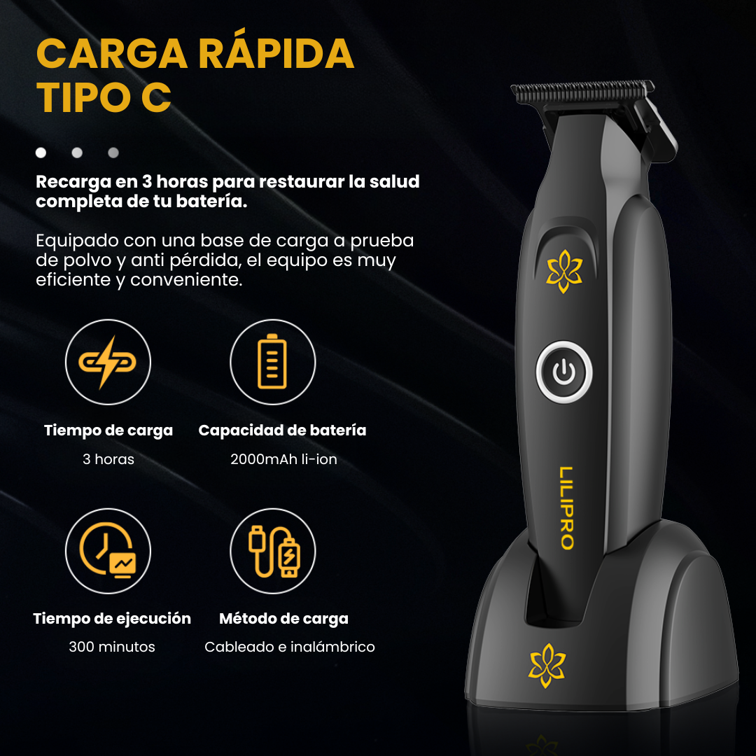 Trimmer Profesional Inalámbrico para Barberos con Hoja DLC, Carga Inalámbrica Tipo-C y Motor de Alta Precisión • LILIPRO M12