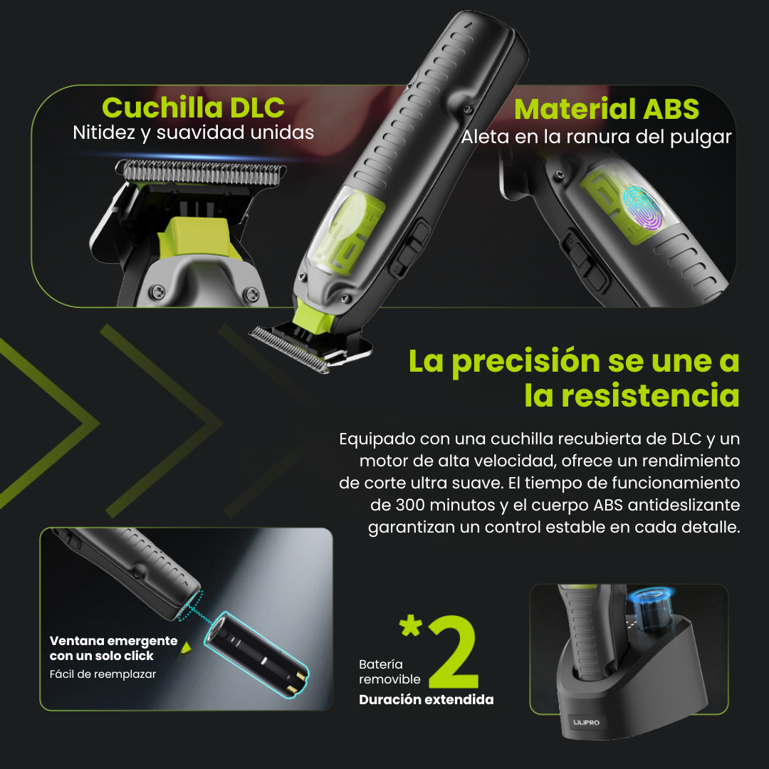 Trimmer Profesional con Motor 6.500 RPM, Batería Extraíble Dual y Cuchilla DLC de Alta Durabilidad • LILIPRO M52