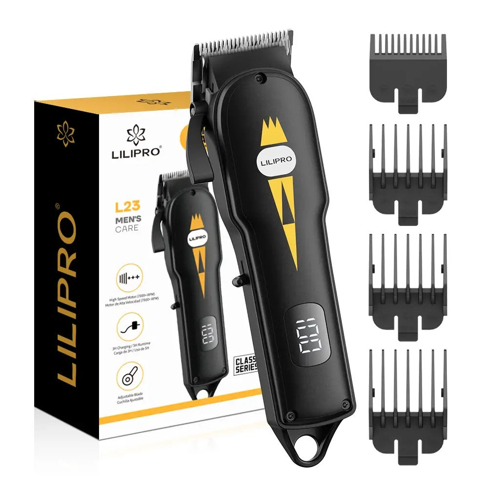 Cortadora L23, negro junto a su caja y 4 peines guía