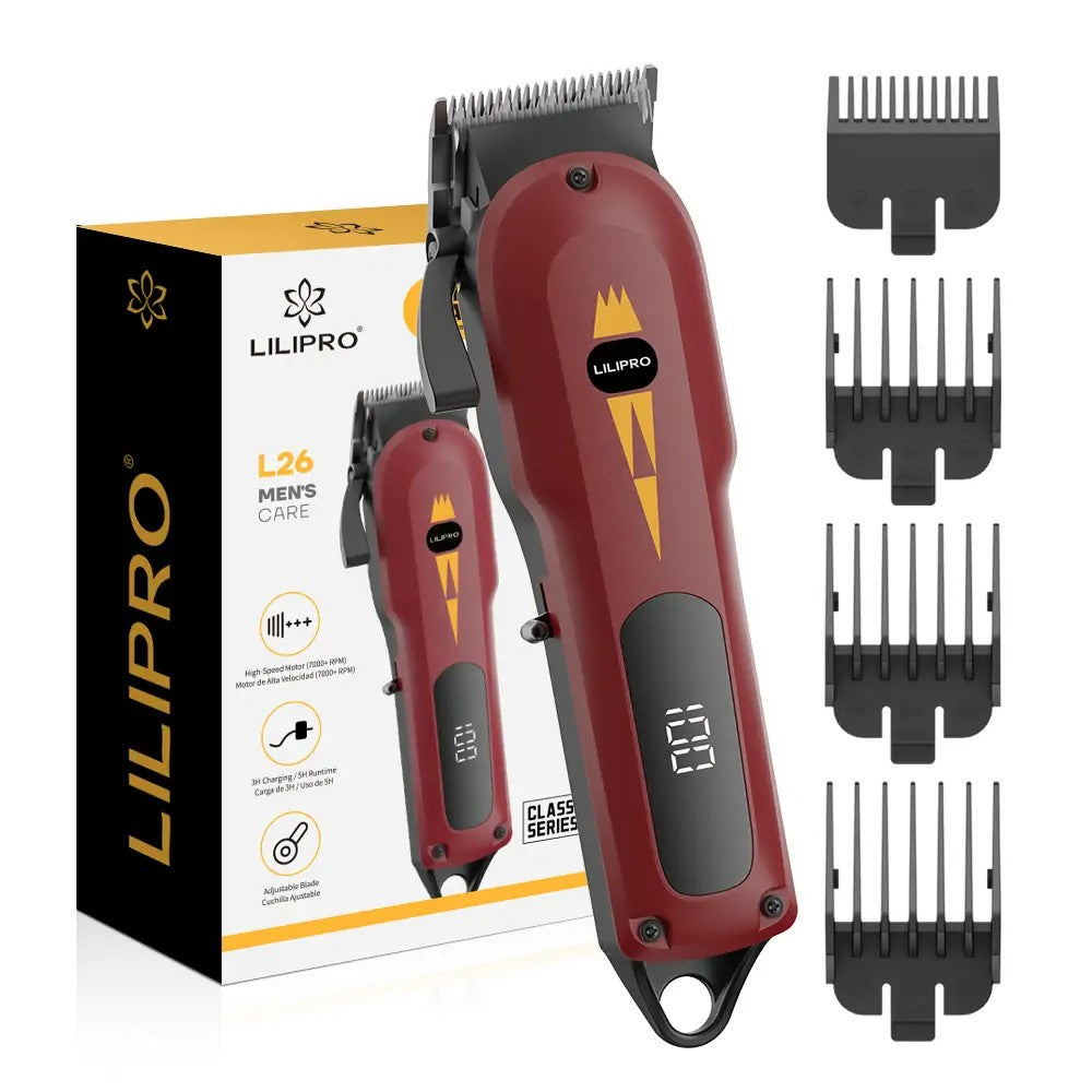 Cortadora L26, rojo junto a su caja y 4 peines guía