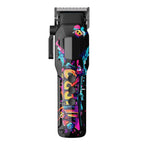 Cortadora L62, frente sobre blanco: versión negra con grafiti multicolor y botones negros