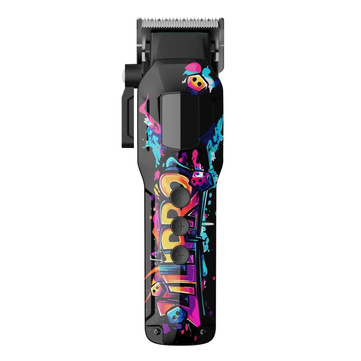 Cortadora L62, frente sobre blanco: versión negra con grafiti multicolor y botones negros