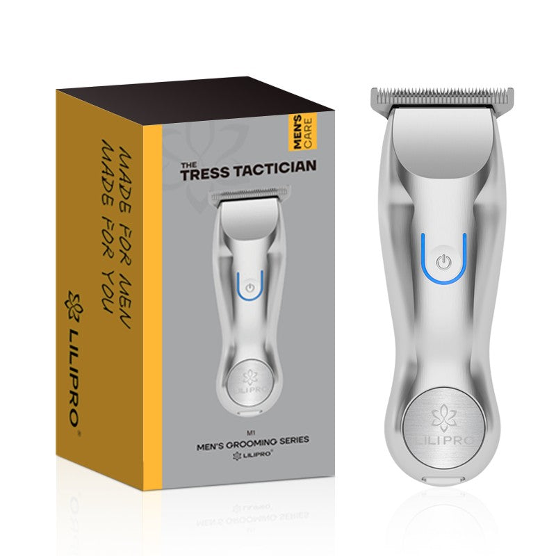 Trimmer M1, de frente junto a su caja