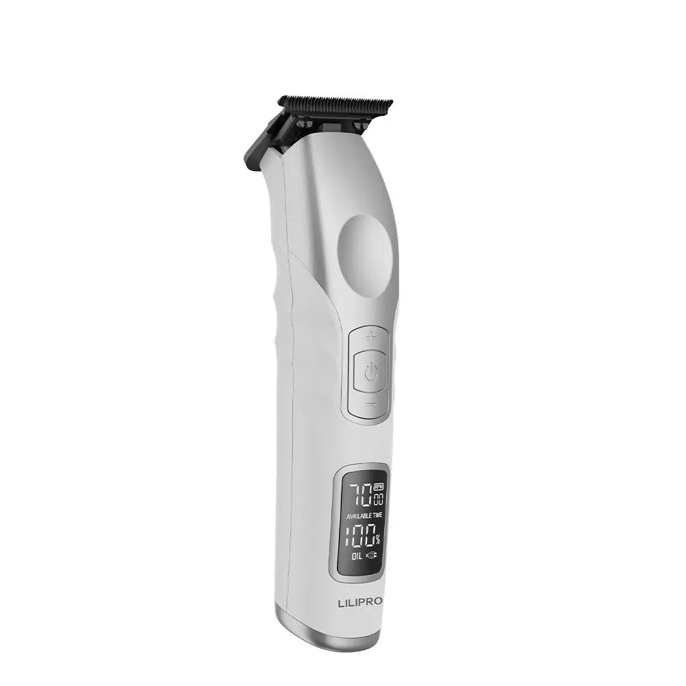 Trimmer M17, blanco/plateado en vista 3/4, con la pantalla LCD a la vista