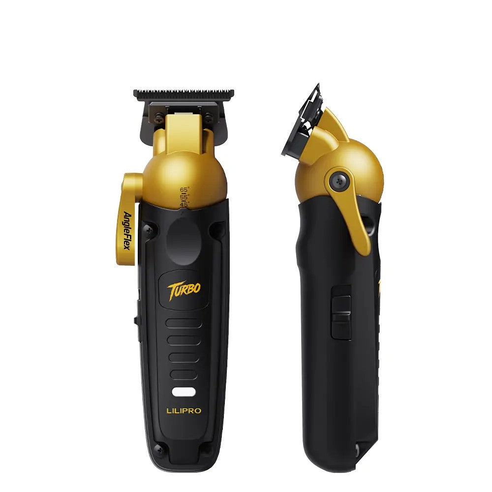Trimmer M53 AngleFlex, negro con dorado, de frente y de perfil con el cabezal inclinado