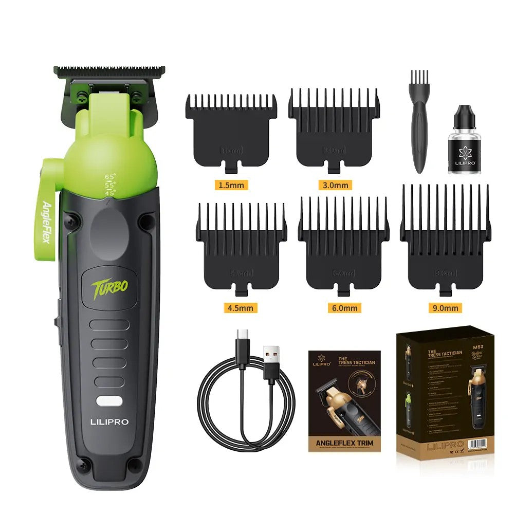 Trimmer M53 AngleFlex, negro con verde fluorescente, con sus 5 peines guía, cepillo, aceite, cable, manual y caja
