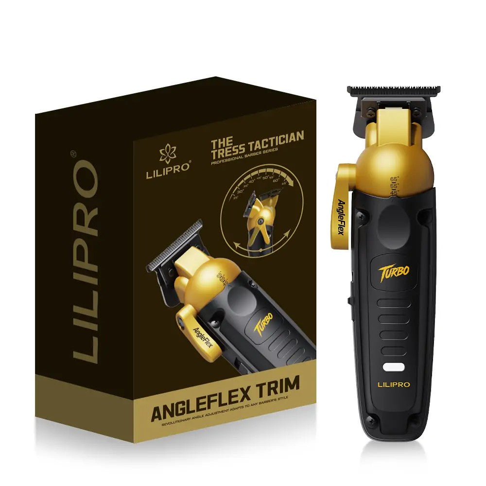 Trimmer M53 AngleFlex, negro con dorado, junto a su caja