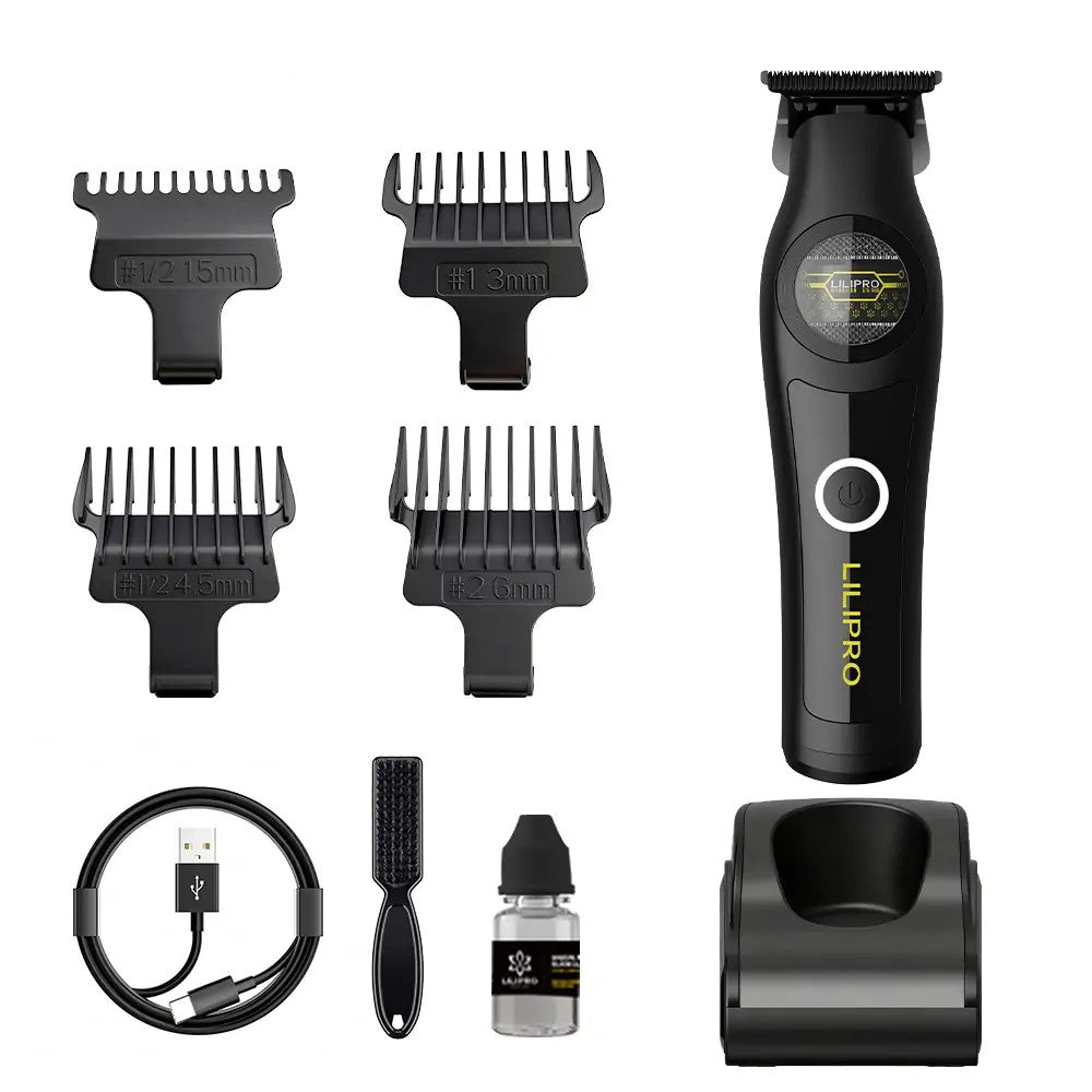 Trimmer M63, negro, con sus 4 peines guía, cable USB-C, cepillo, aceite y base de carga