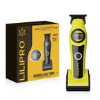 Trimmer M63, amarillo con negro, sobre su base y junto a su caja