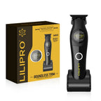 Trimmer M63, negro, sobre su base y junto a su caja