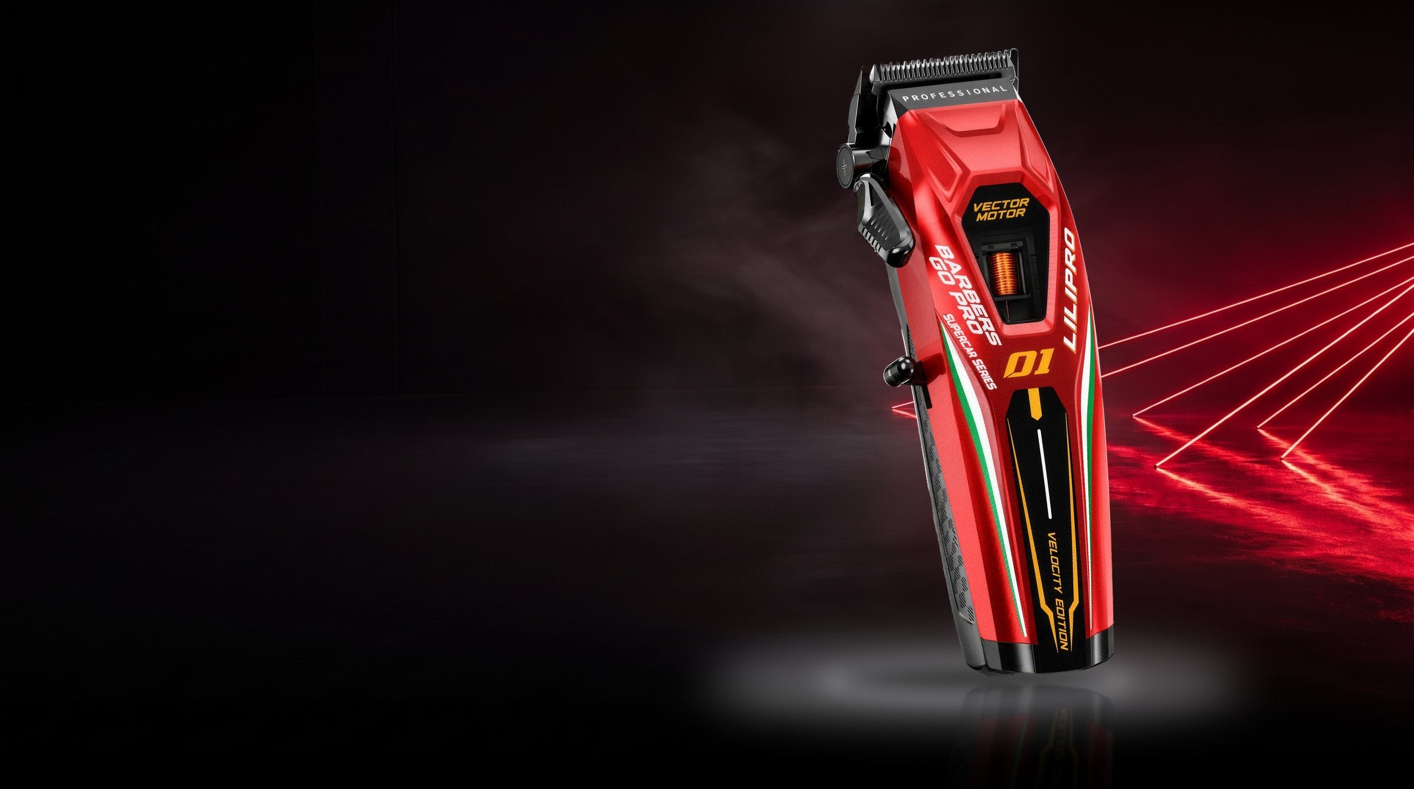 LILIPRO L67 Supercar de pie sobre un piso negro, entre líneas de luz roja